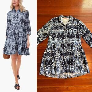 Ro’s Garden Tuckernuck Tyla Deauville Blue Ikat Cotton Shirt Dress - Sz L